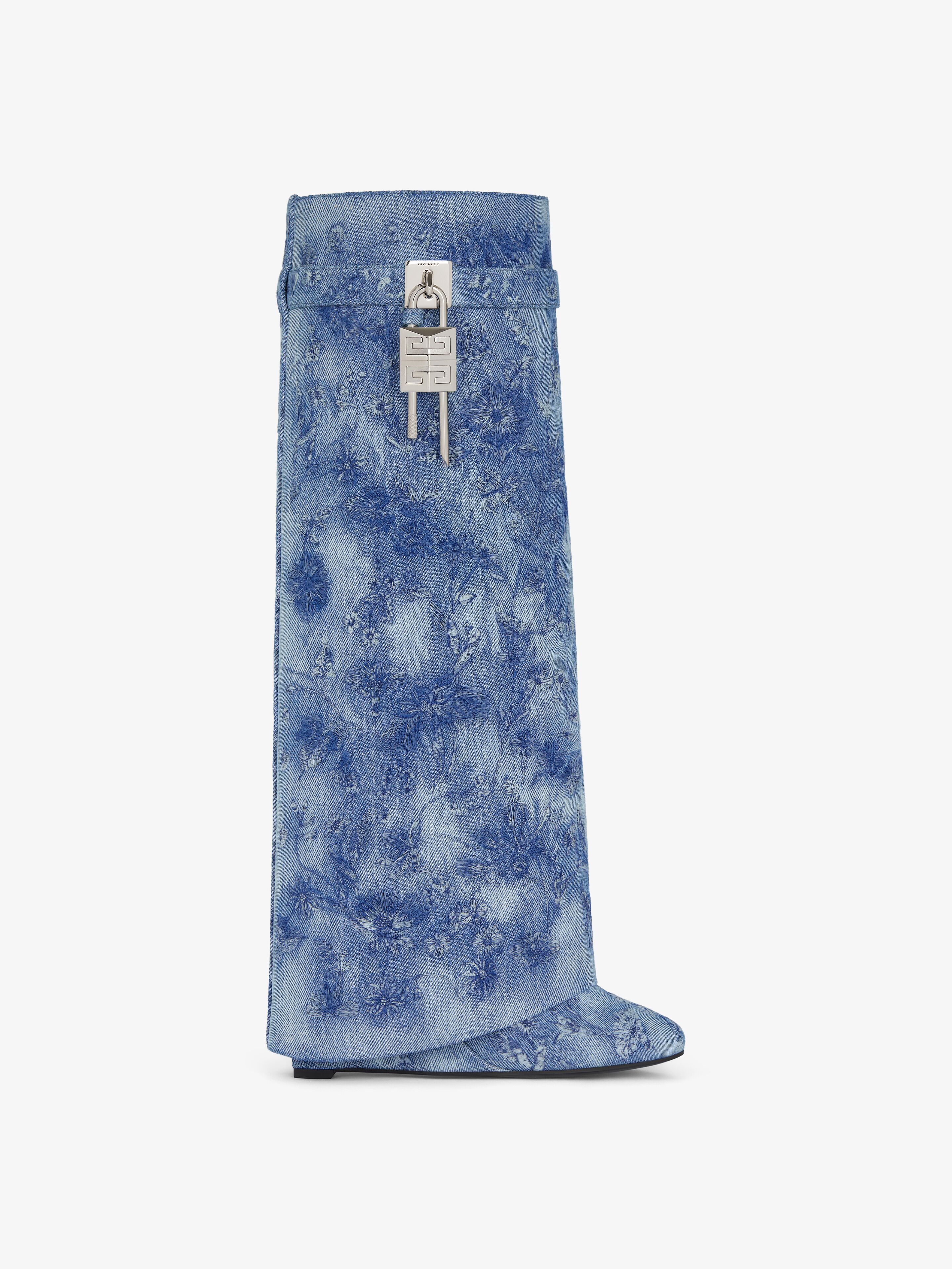 Shark Lock boots in denim with floral embroidery